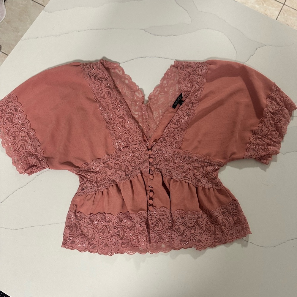 Lace Trimmed Blouse in Dusty Rose